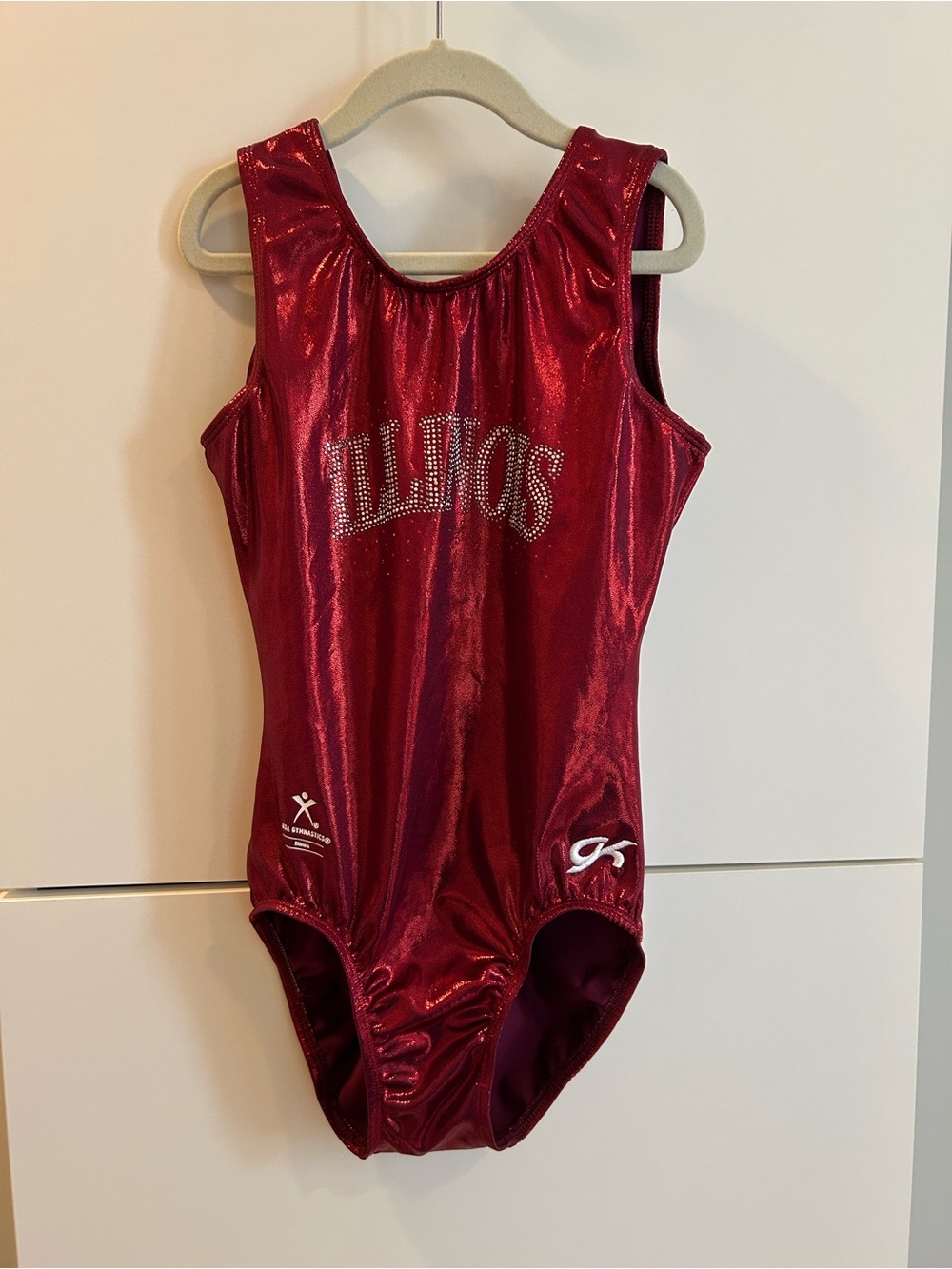 GK Shiny Red Gymnastics Leotard with Rhinestone “Illinois” - Adult Medium